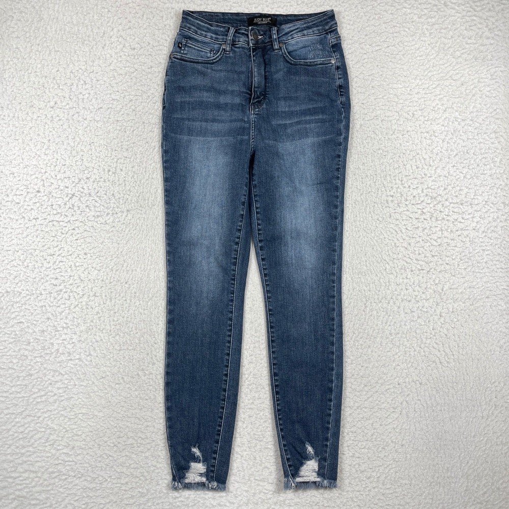 Judy Blue Jeans Womens 7/28 Blue Skinny Distressed Raw Hem Streetwear Edgy